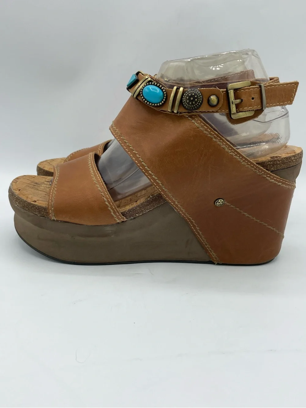 OTBT Layover Brown Leather Wedge Sandals with Turquoise and Metal Stone Accents.